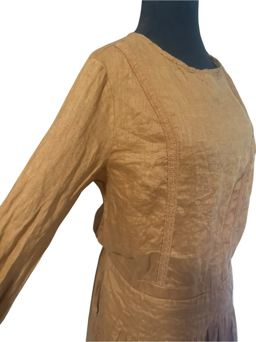 Frieeah Camel Linen Blend Long Sleeve Drop Waist Mini Dress Cottagecore Boho L - Picture 7 of 10